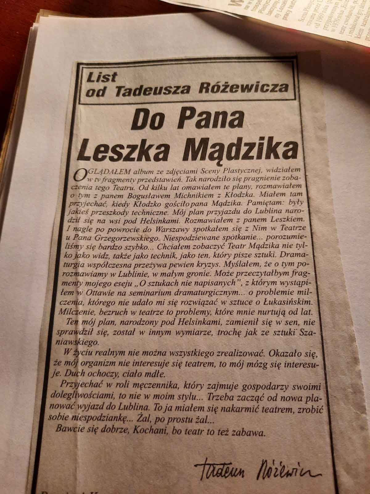 List Tadeusza Różewicza do Leszka Mądzika  opublikowany na łamach Kuriera Lubelskiego w 1998 r. 
